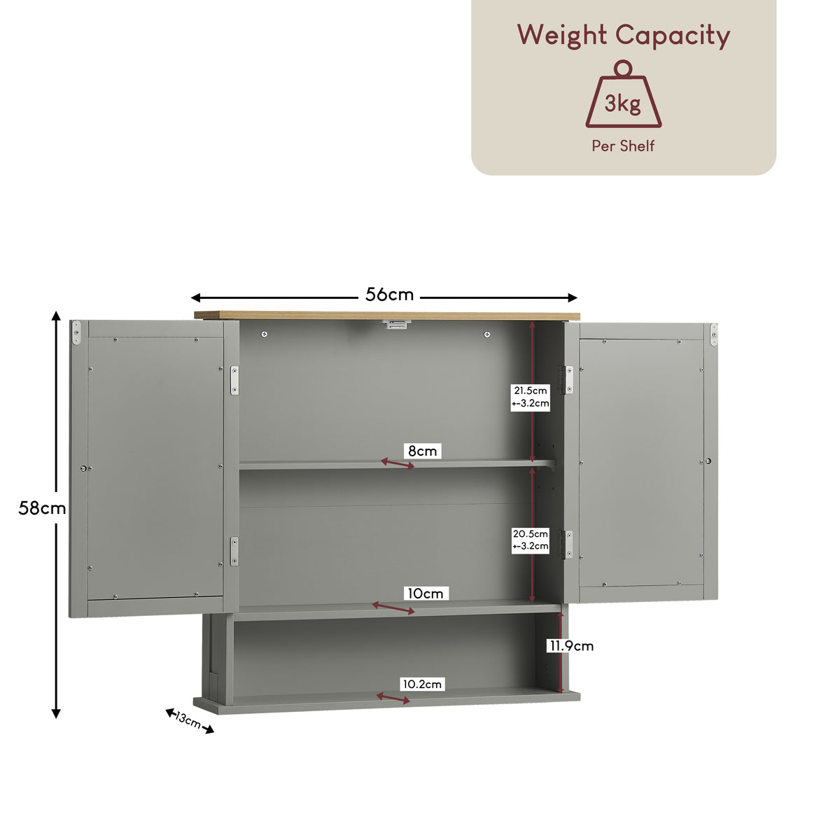 Priano 2-Door Mirrored Wall Cabinet With Shelf, Grey & Oak