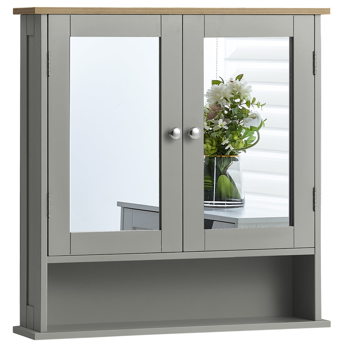 Priano 2-Door Mirrored Wall Cabinet With Shelf, Grey & Oak