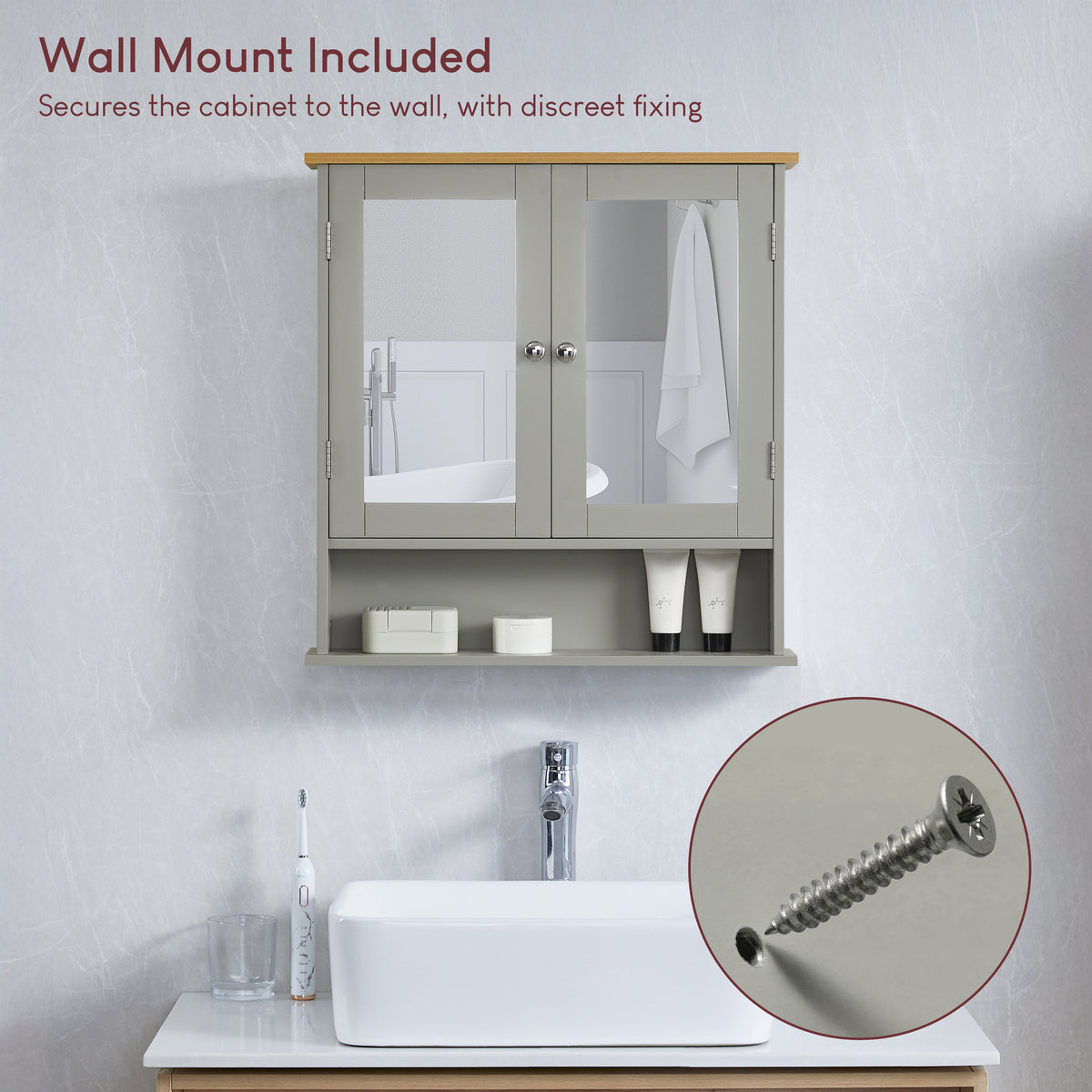 Priano 2-Door Mirrored Wall Cabinet With Shelf, Grey & Oak