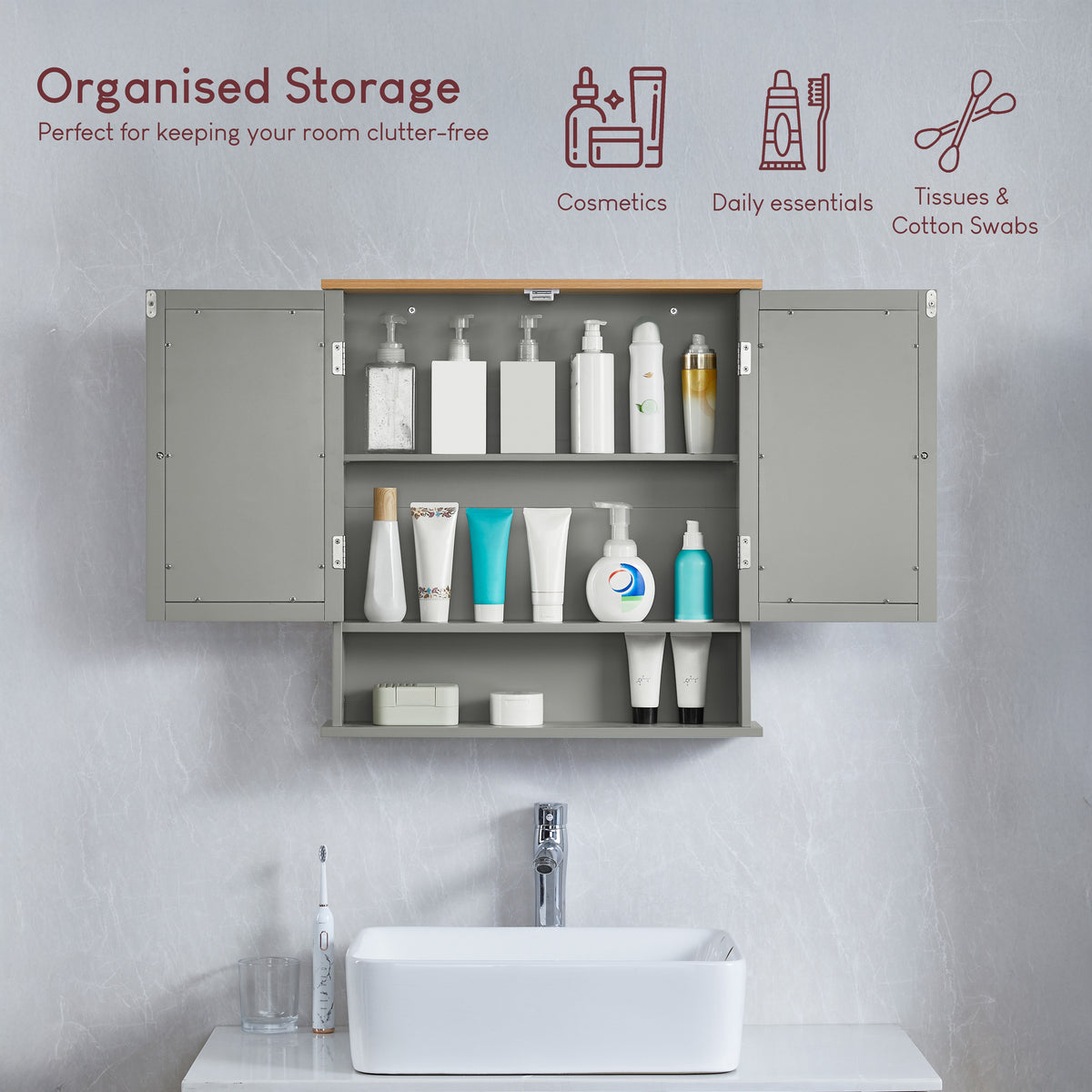 Priano 2-Door Mirrored Wall Cabinet With Shelf, Grey & Oak