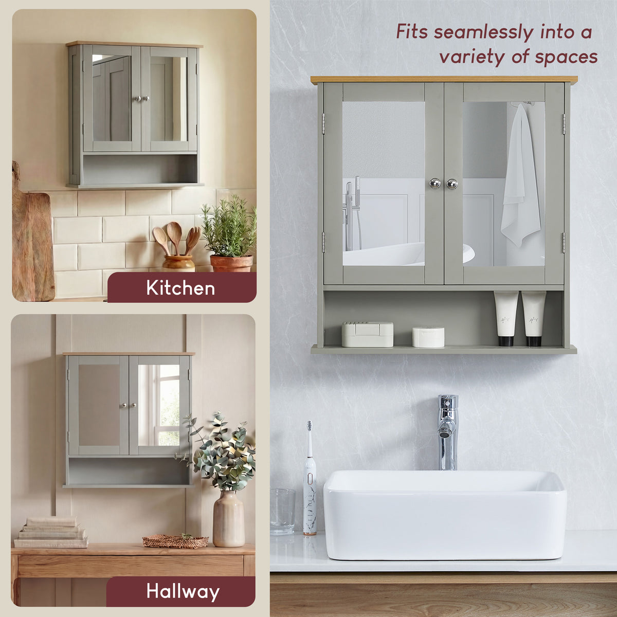 Priano 2-Door Mirrored Wall Cabinet With Shelf, Grey & Oak