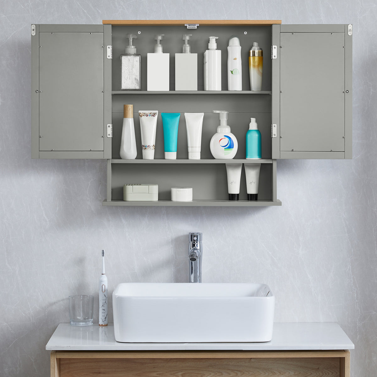 Priano 2-Door Mirrored Wall Cabinet With Shelf, Grey & Oak