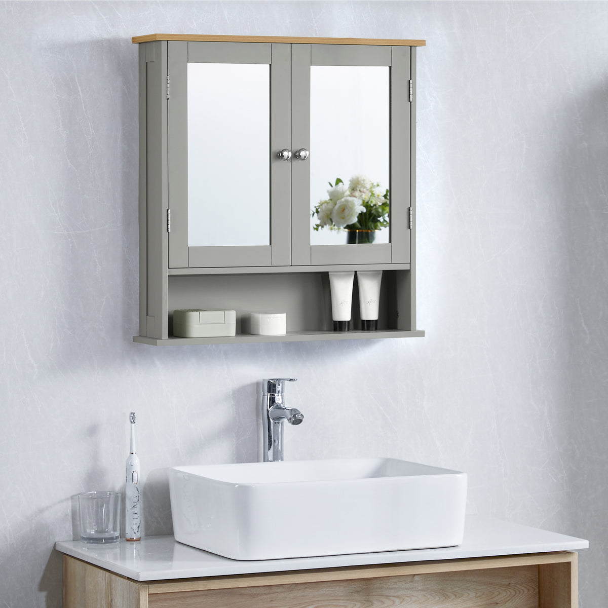 Priano 2-Door Mirrored Wall Cabinet With Shelf, Grey & Oak