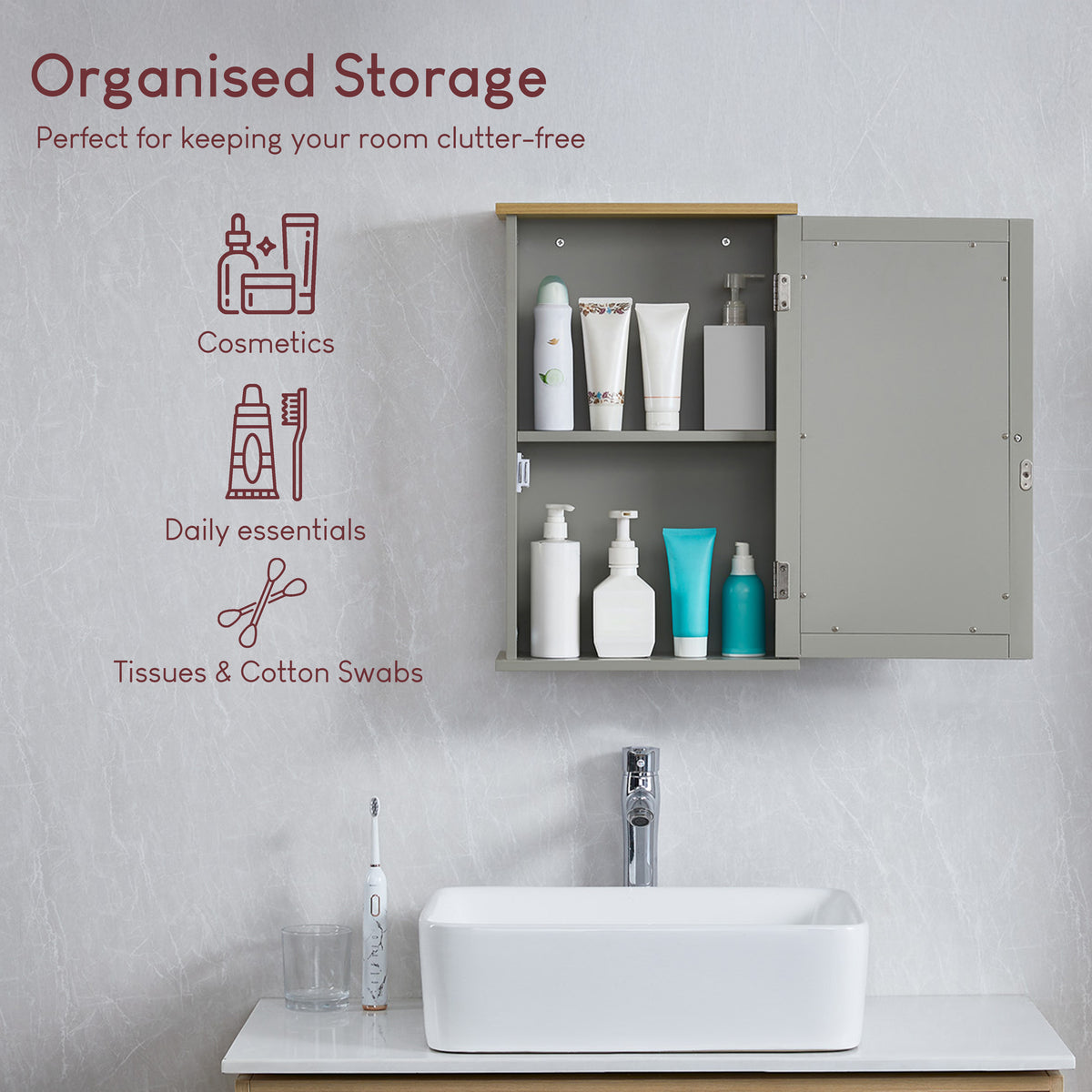 Priano 1-Door Mirrored Wall Cabinet, Grey & Oak