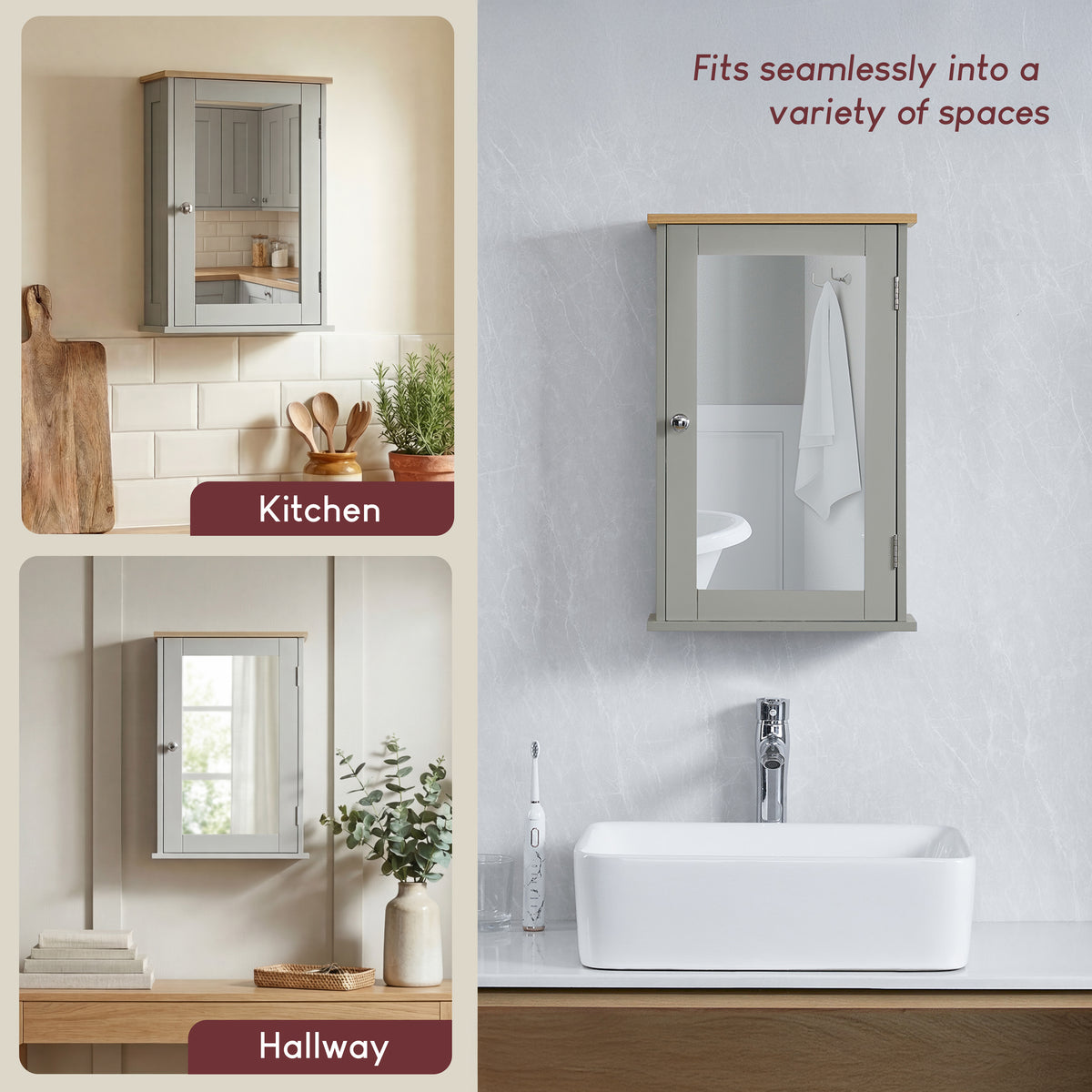 Priano 1-Door Mirrored Wall Cabinet, Grey & Oak