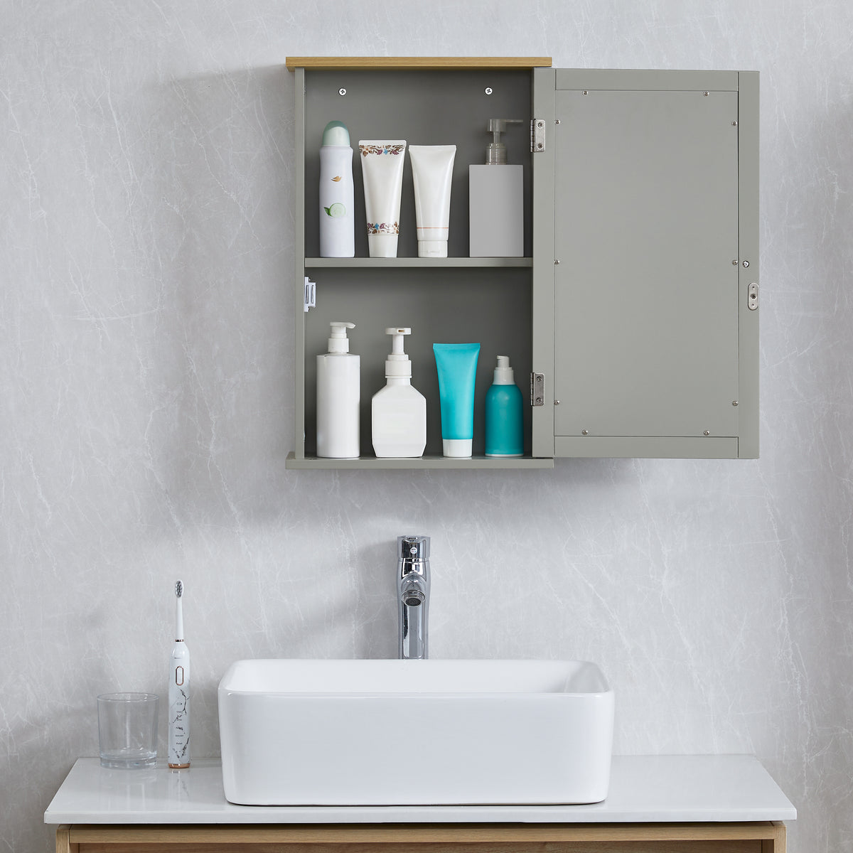 Priano 1-Door Mirrored Wall Cabinet, Grey & Oak