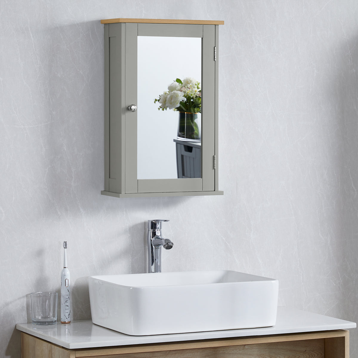 Priano 1-Door Mirrored Wall Cabinet, Grey & Oak