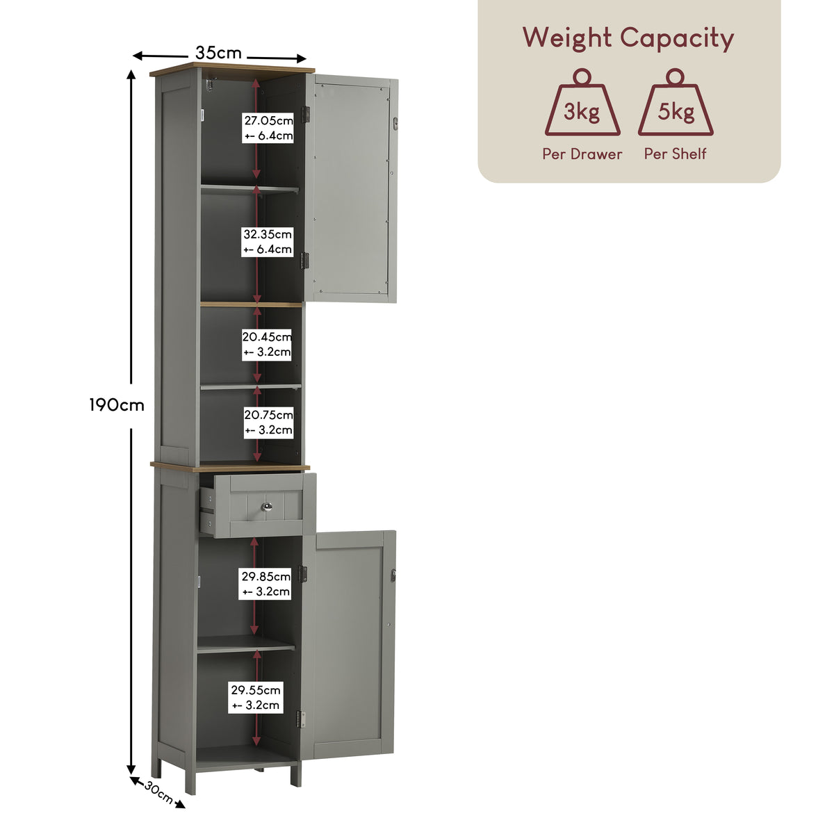 Priano 2-Door 1-Drawer Tall Cabinet With Mirror - Grey