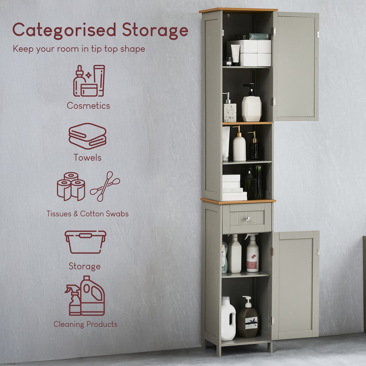 Priano 2-Door 1-Drawer Tall Cabinet With Mirror - Grey