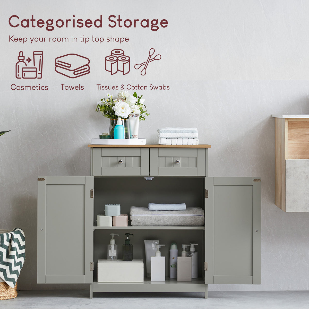 Priano 2-Drawer 2-Door Freestanding Cabinet - Grey & Oak