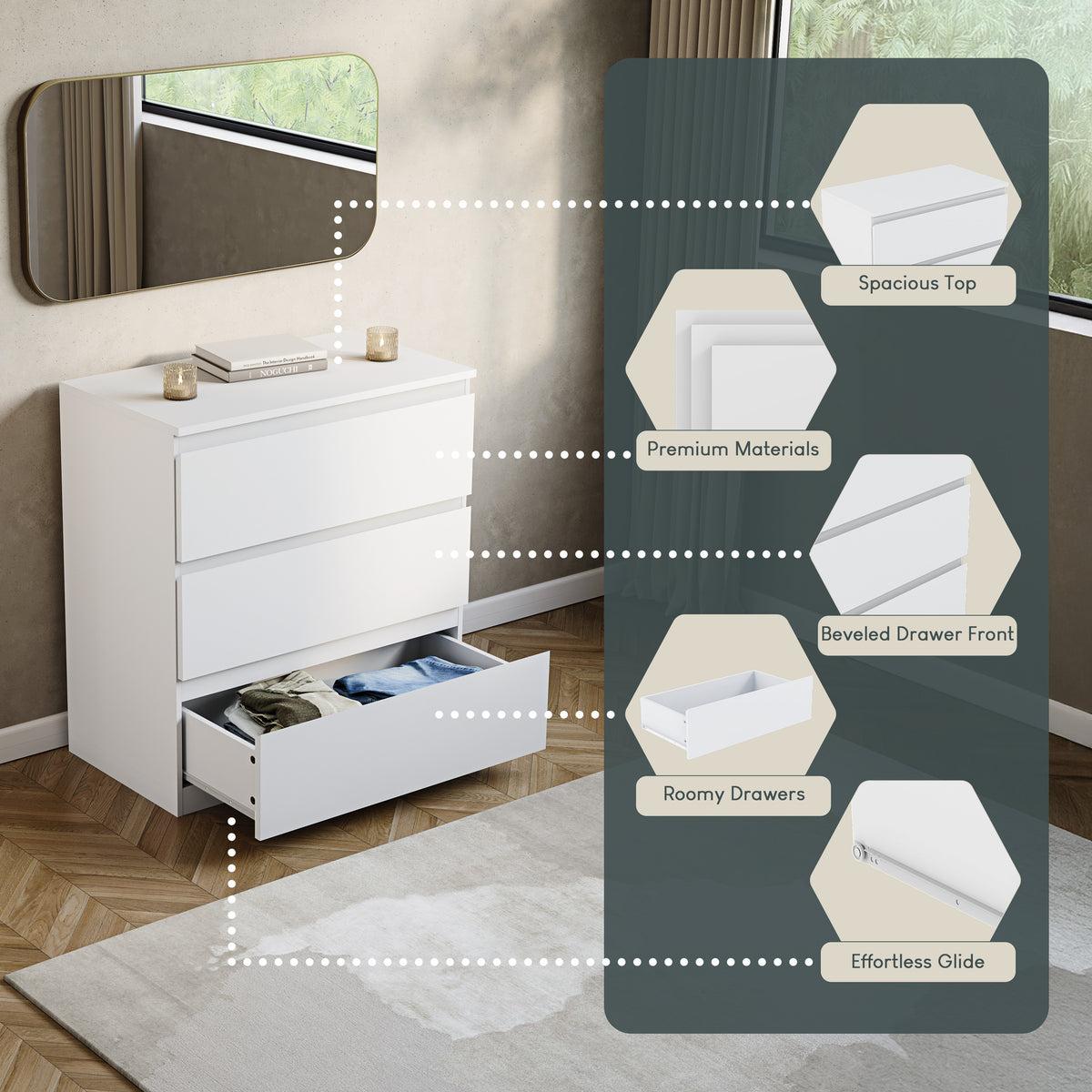 Denver Chest of 3 Drawers, White