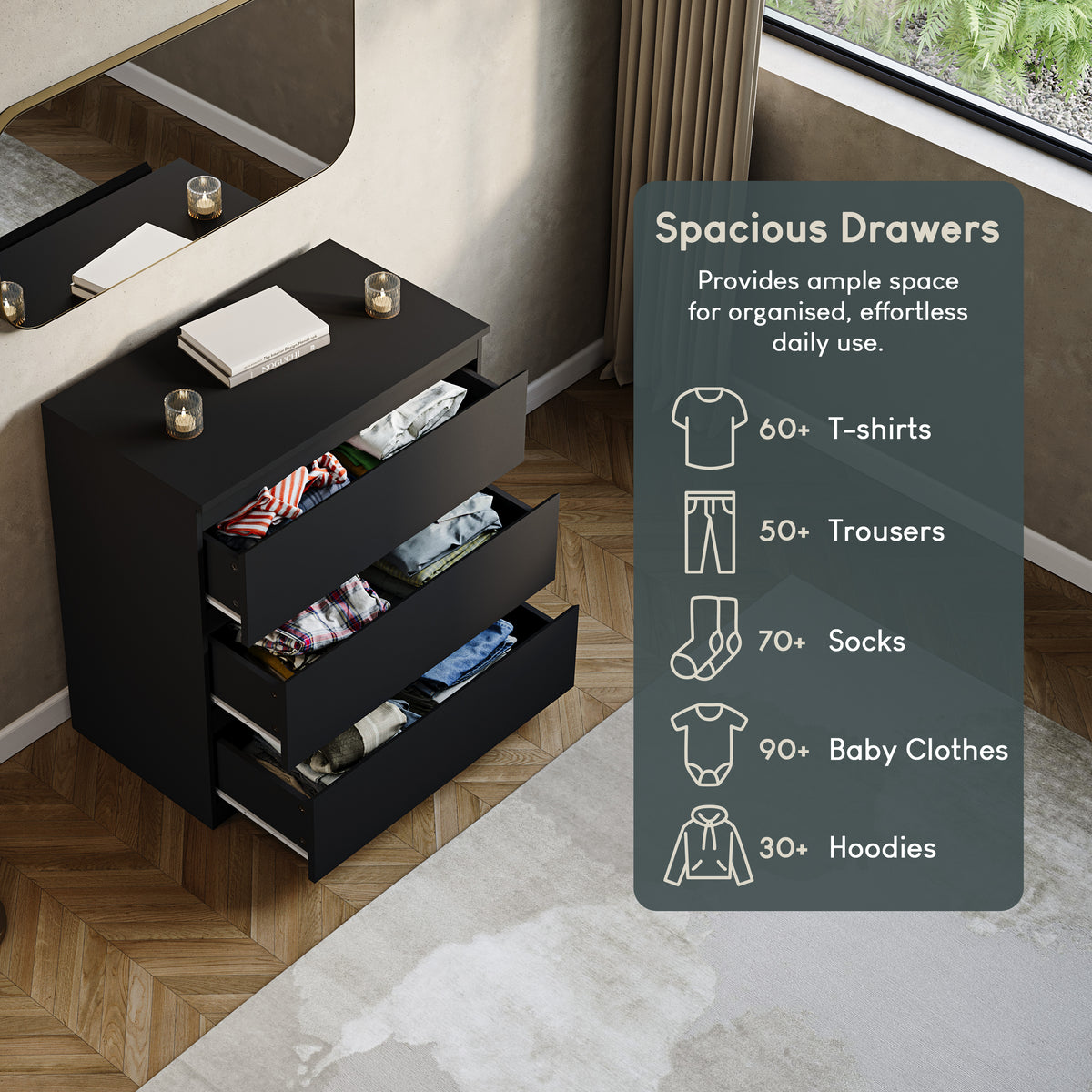 Denver Chest of 3 Drawers, Black