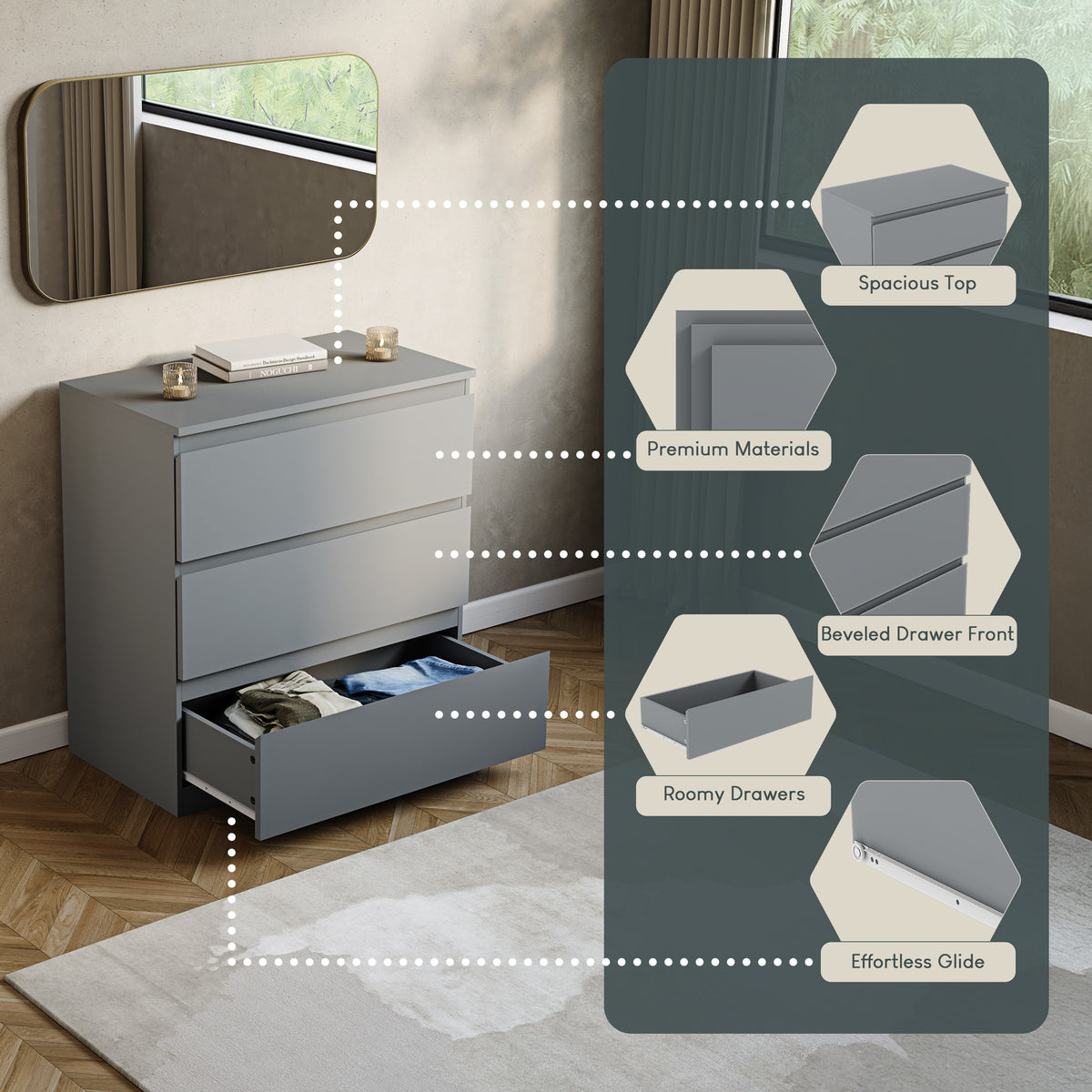 Denver Chest of 3 Drawers, Grey