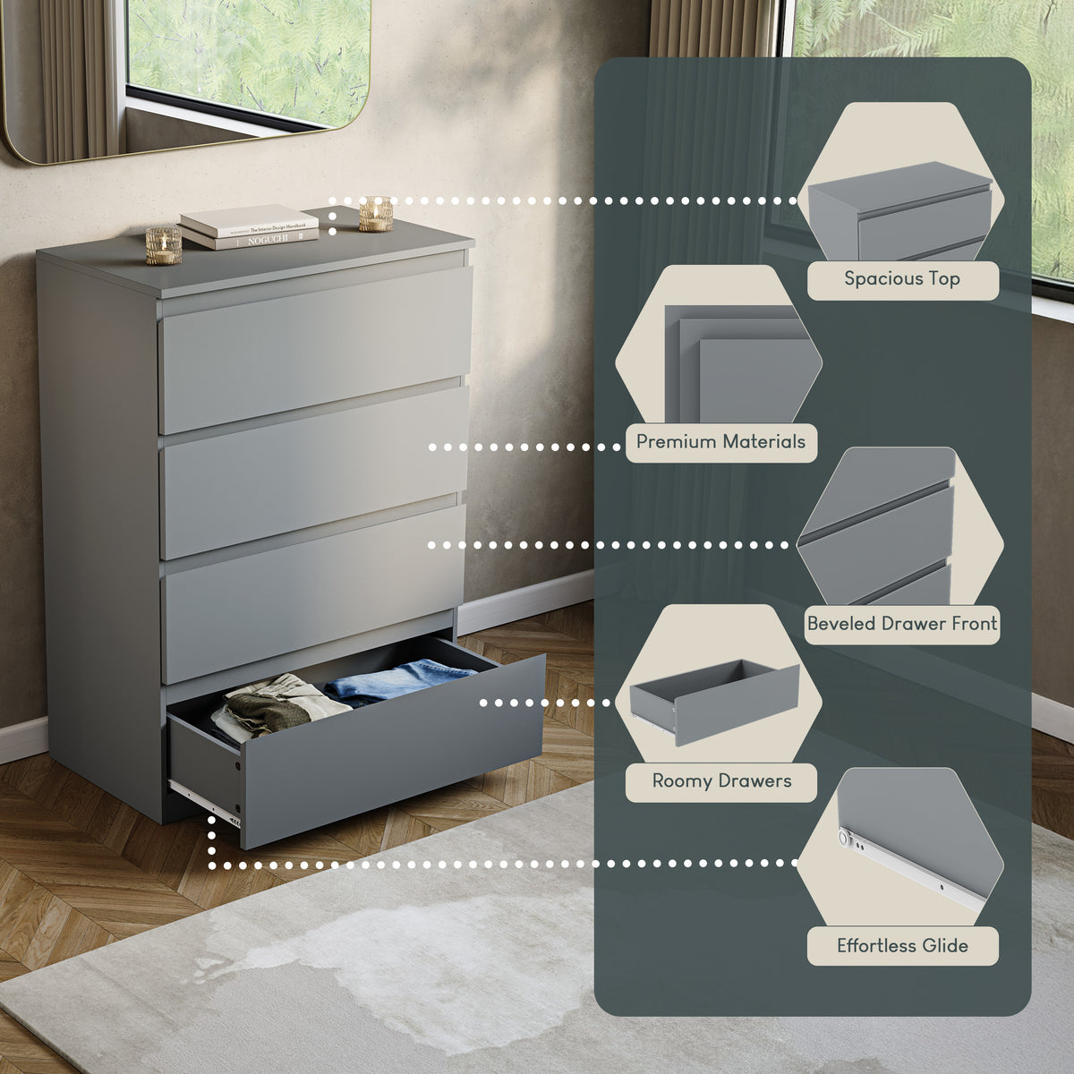 Denver Chest of 4 Drawers, Grey