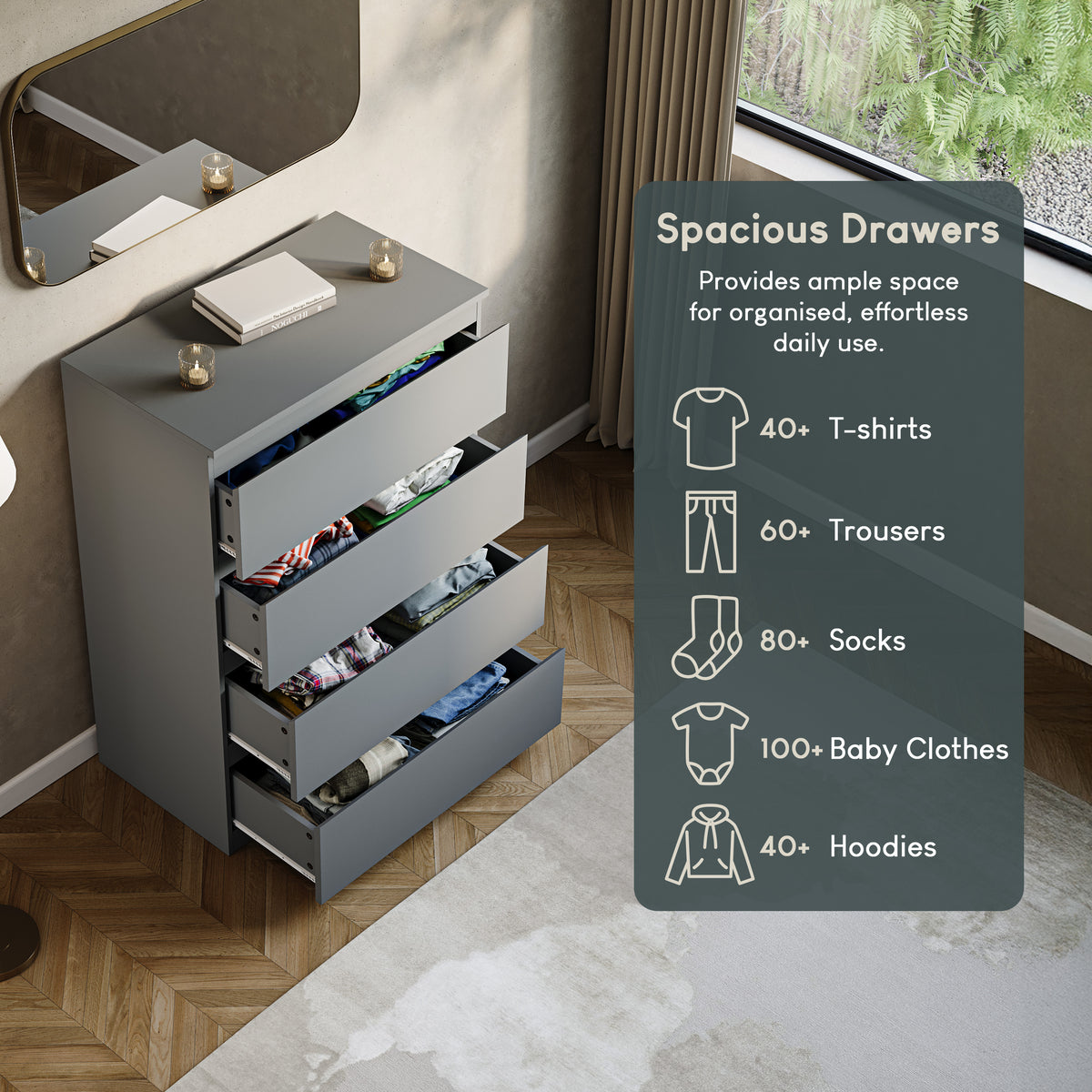 Denver Chest of 4 Drawers, Grey