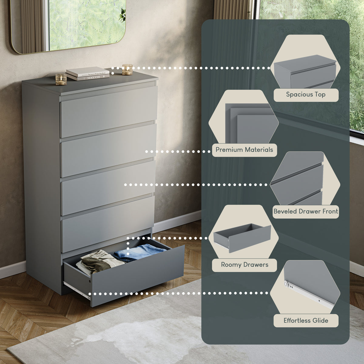 Denver Chest of 5 Drawers, Grey