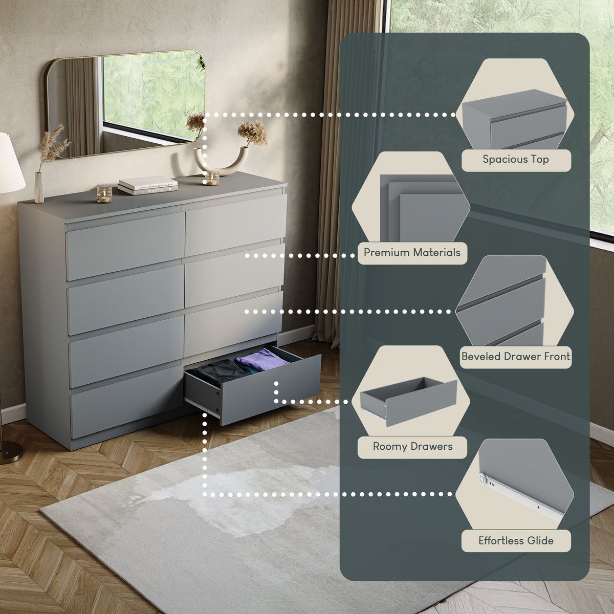 Denver Chest of 8 Drawers, Grey
