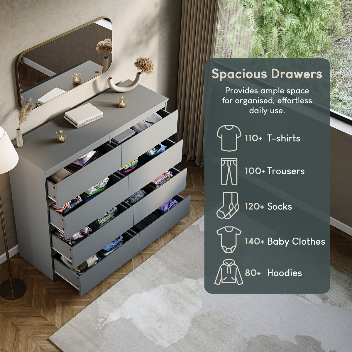 Denver Chest of 8 Drawers, Grey