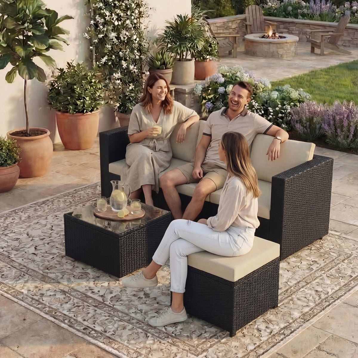 Hampton 4 Seater Corner Rattan Set, Black & Outdoor Patio Furniture Cover