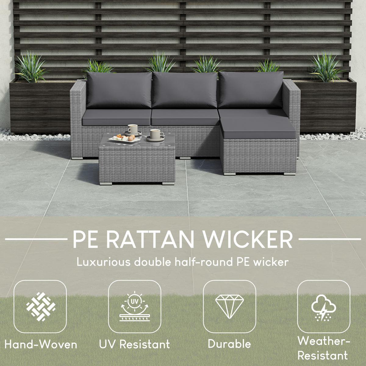 Hampton 4-Seater Corner Rattan Set, Grey UKFR