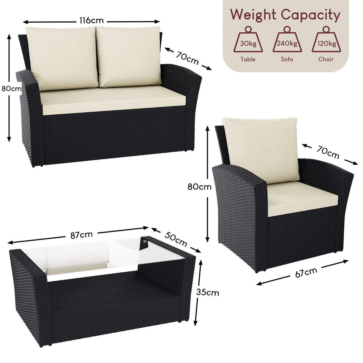 Mylor 4-Seater Rattan Set, Black UKFR