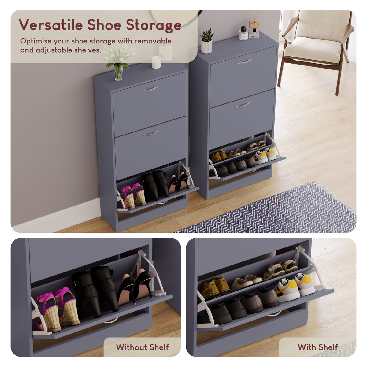 3-Drawer Shoe Cabinet - Grey