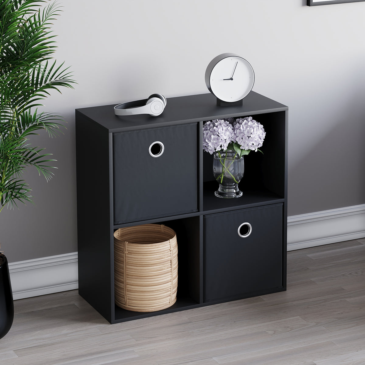 Durham 2x2 Cube Storage Unit, Black & Cube Storage Basket, Set of 2, Black