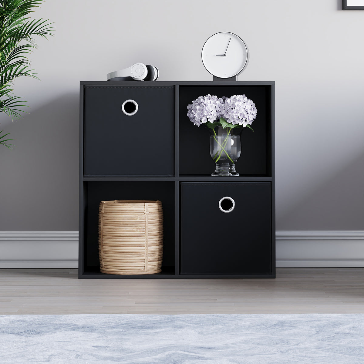 Durham 2x2 Cube Storage Unit, Black & Cube Storage Basket, Set of 2, Black