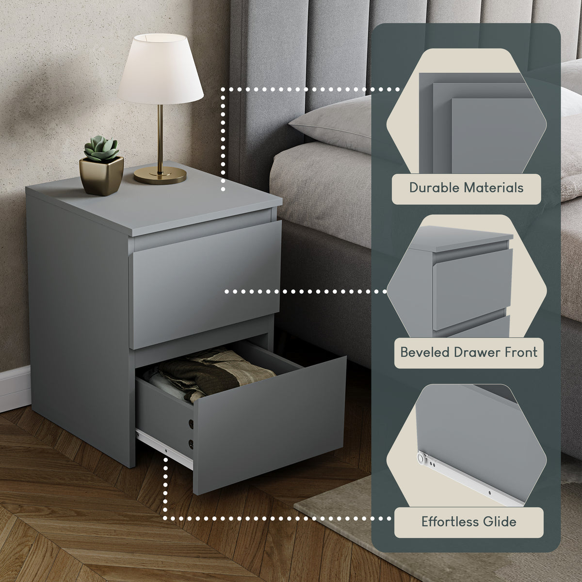 Denver 2-Drawer Large Bedside Chest - Grey