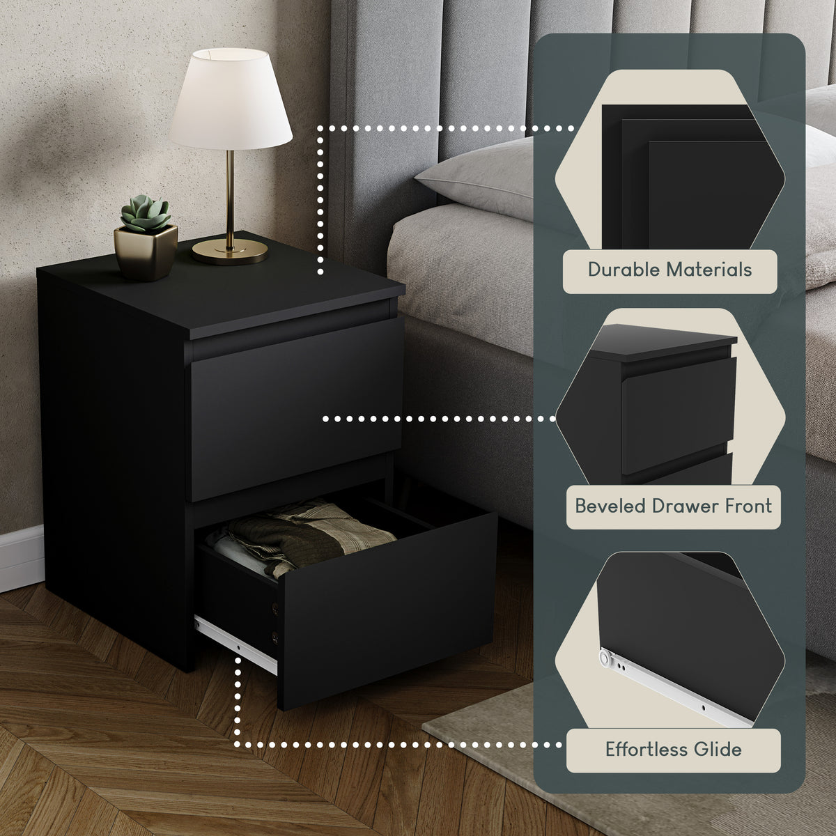 Denver 2-Drawer Large Bedside Chest - Black