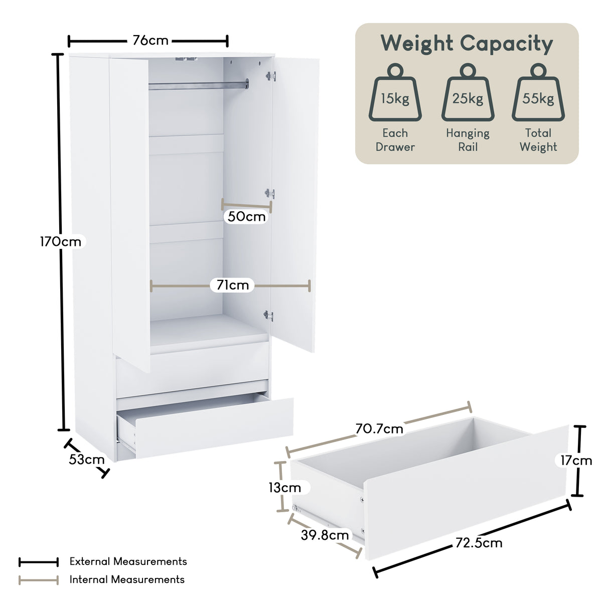 Denver 2 door 2 drawer wardrobe, White