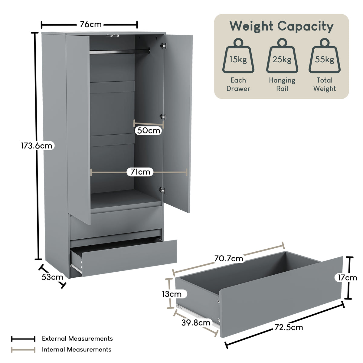 Denver 2 door 2 drawer wardrobe, Grey