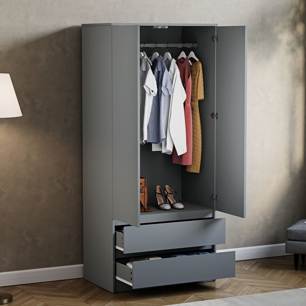 Denver 2 door 2 drawer wardrobe, Grey