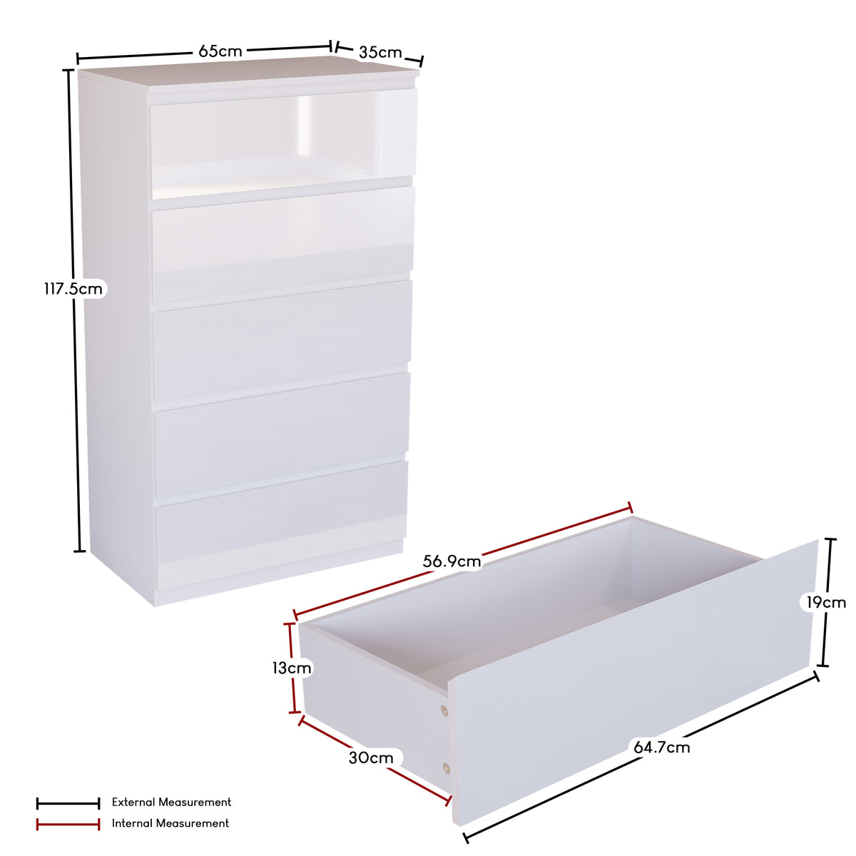 Glinton 5-Drawer Chest High Gloss, White