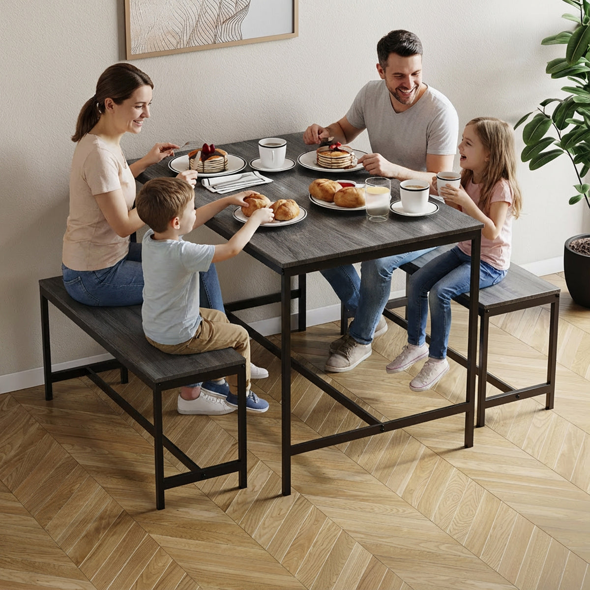 Roslyn 4-Seater Dining Table With Bench Set - Grey