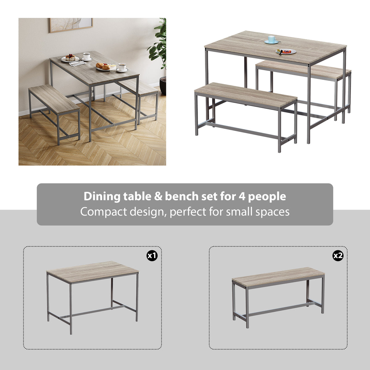 Roslyn 4-Seater Dining Table With Bench Set - Oak