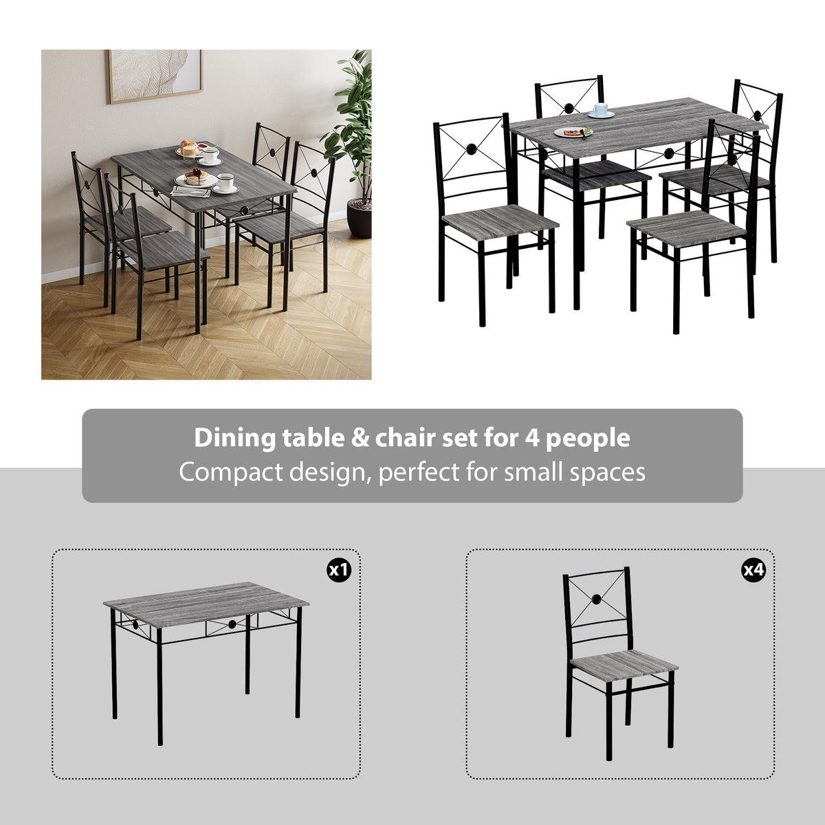 Roslyn 4-Seater Dining Set - Grey