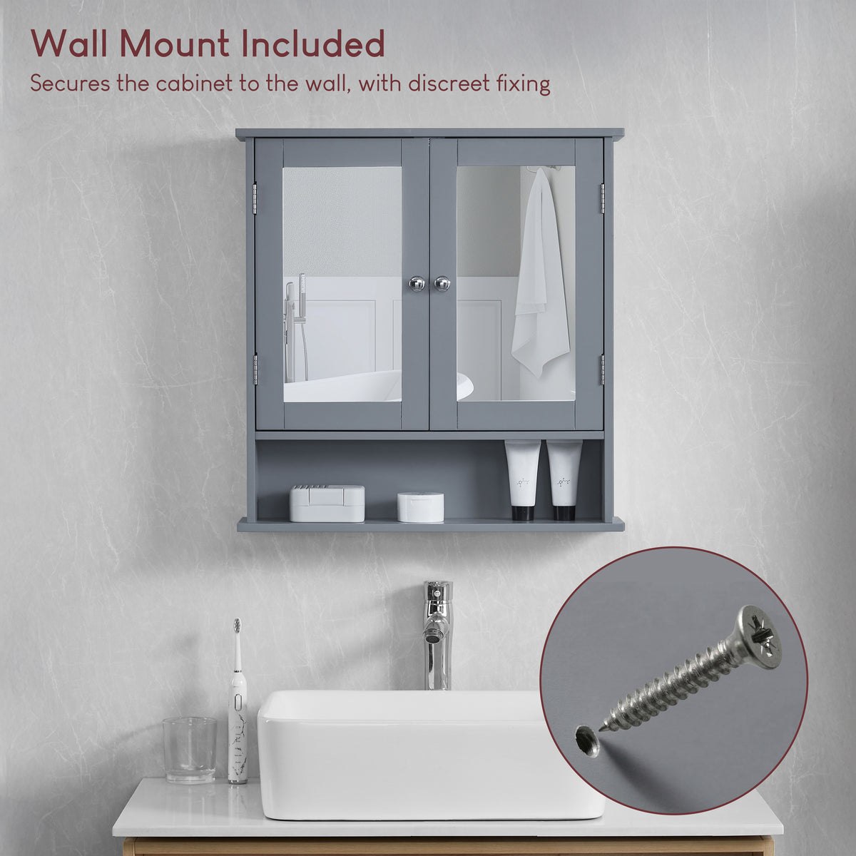 Priano 2 Door Mirrored Wall Cabinet With Shelf, Grey