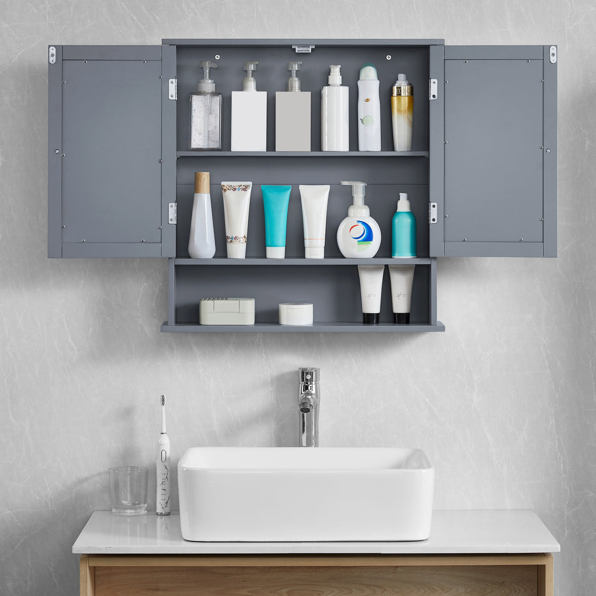 Priano 2 Door Mirrored Wall Cabinet With Shelf, Grey