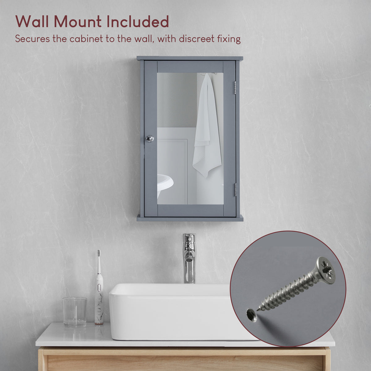 Priano 1 Door Mirrored Wall Cabinet, Grey