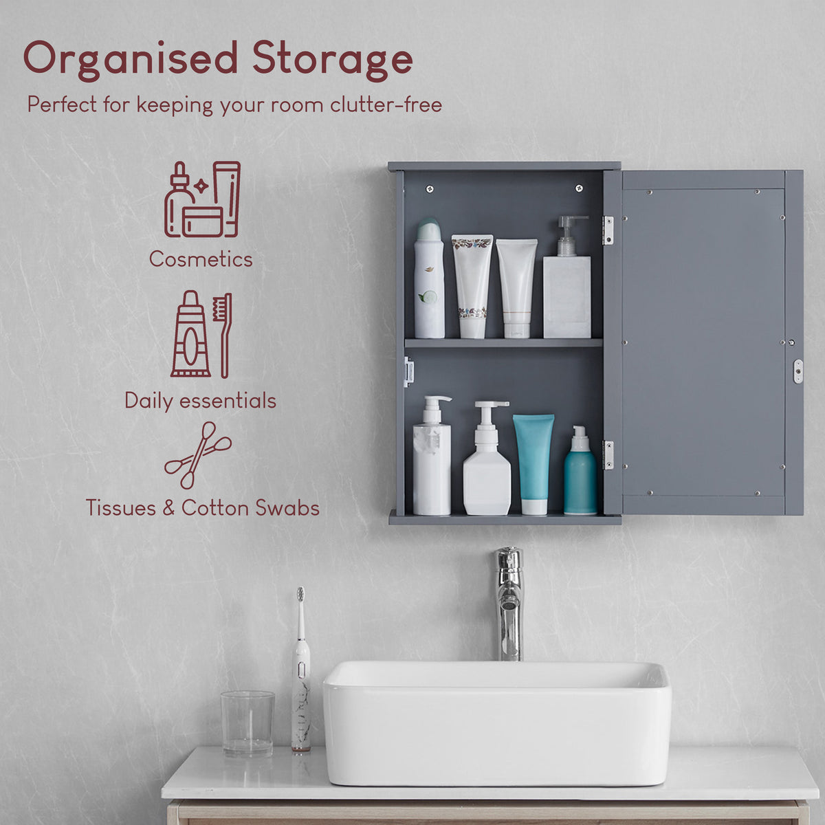 Priano 1 Door Mirrored Wall Cabinet, Grey