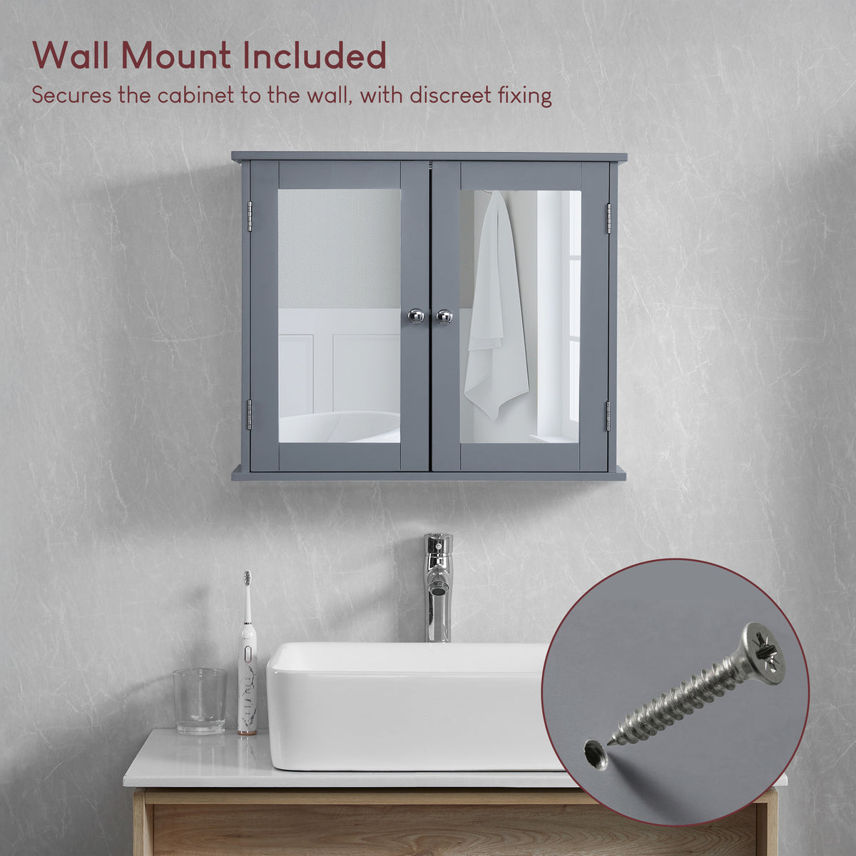 Priano 2 Door Mirrored Wall Cabinet, Grey