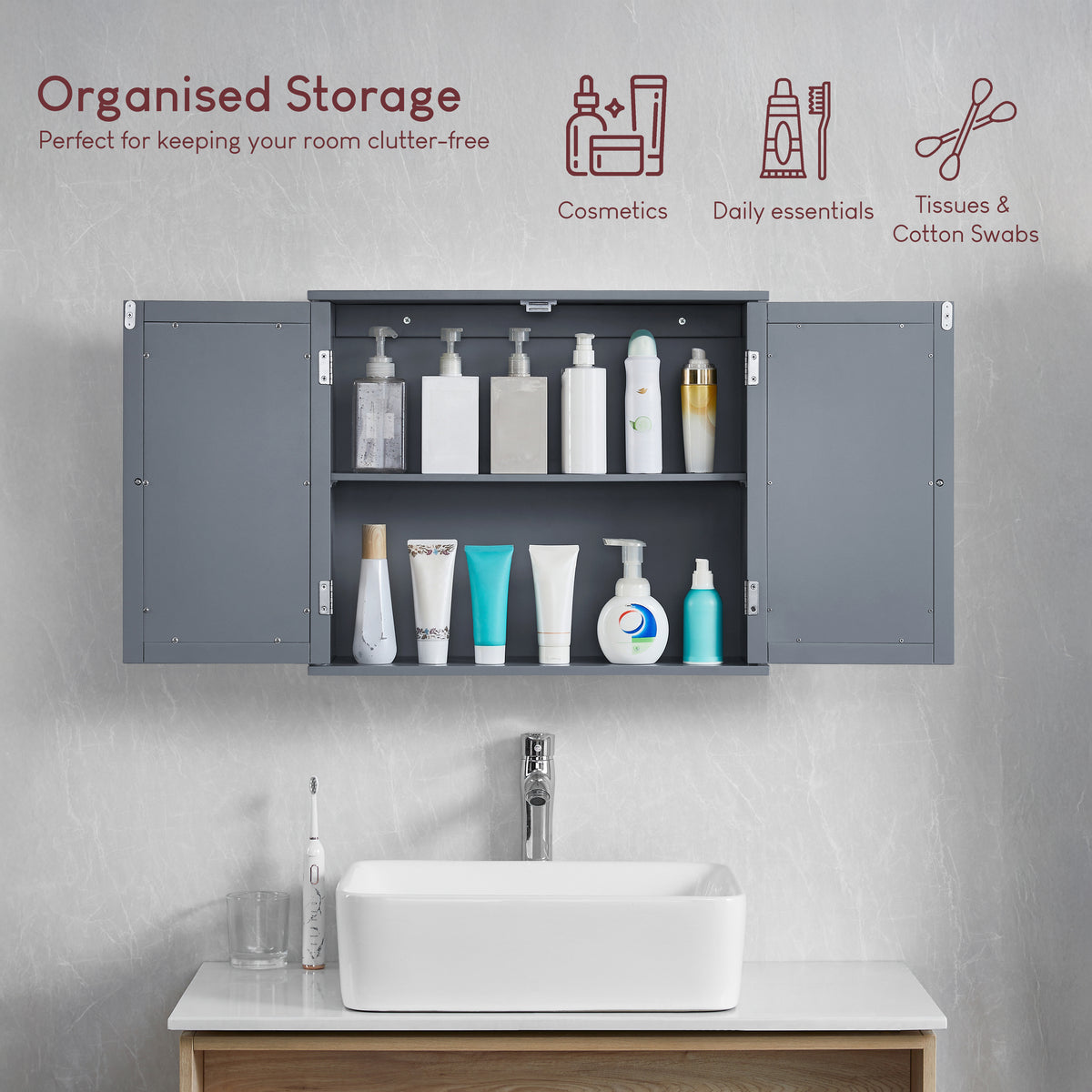 Priano 2 Door Mirrored Wall Cabinet, Grey
