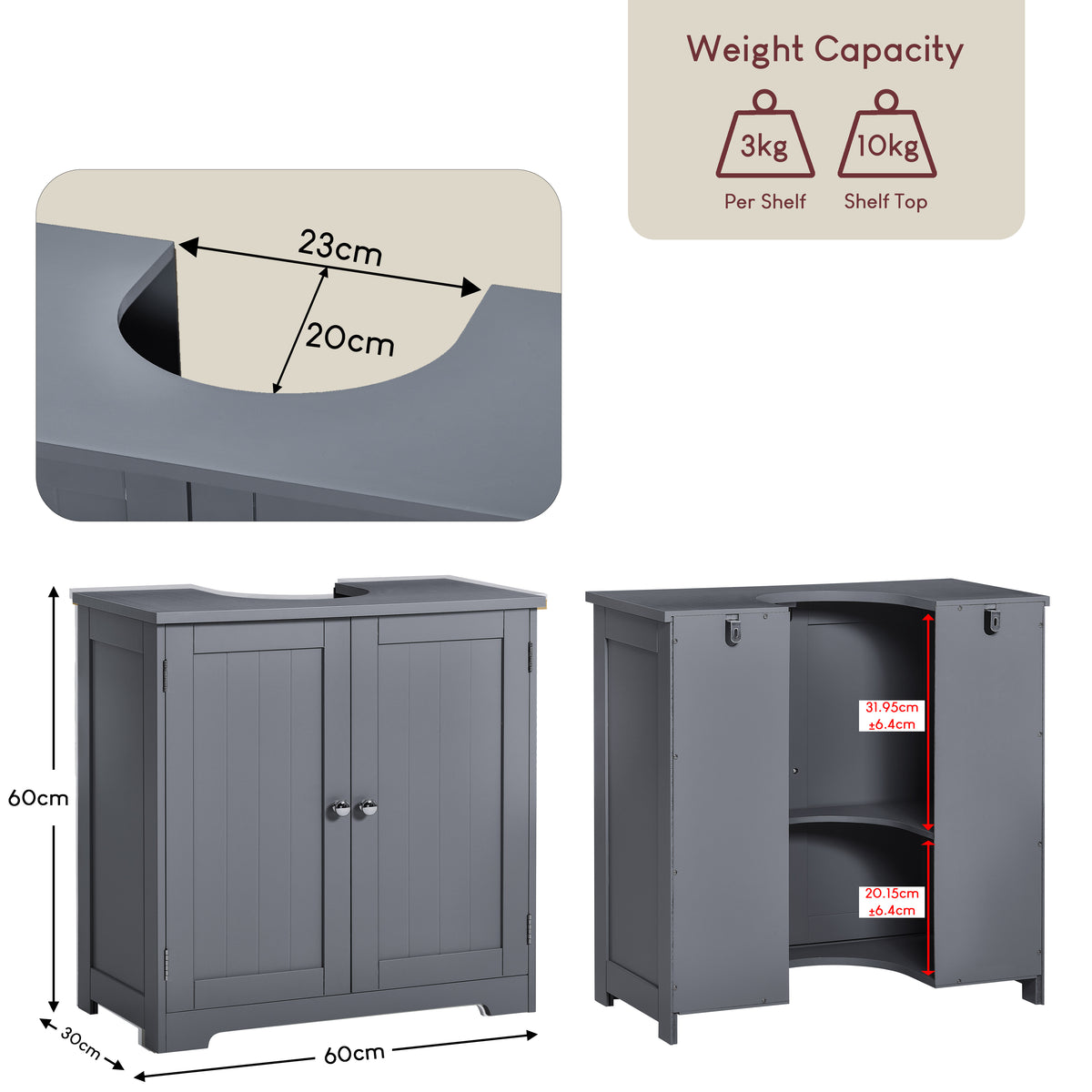 Priano 2 Door Under Sink Cabinet, Grey