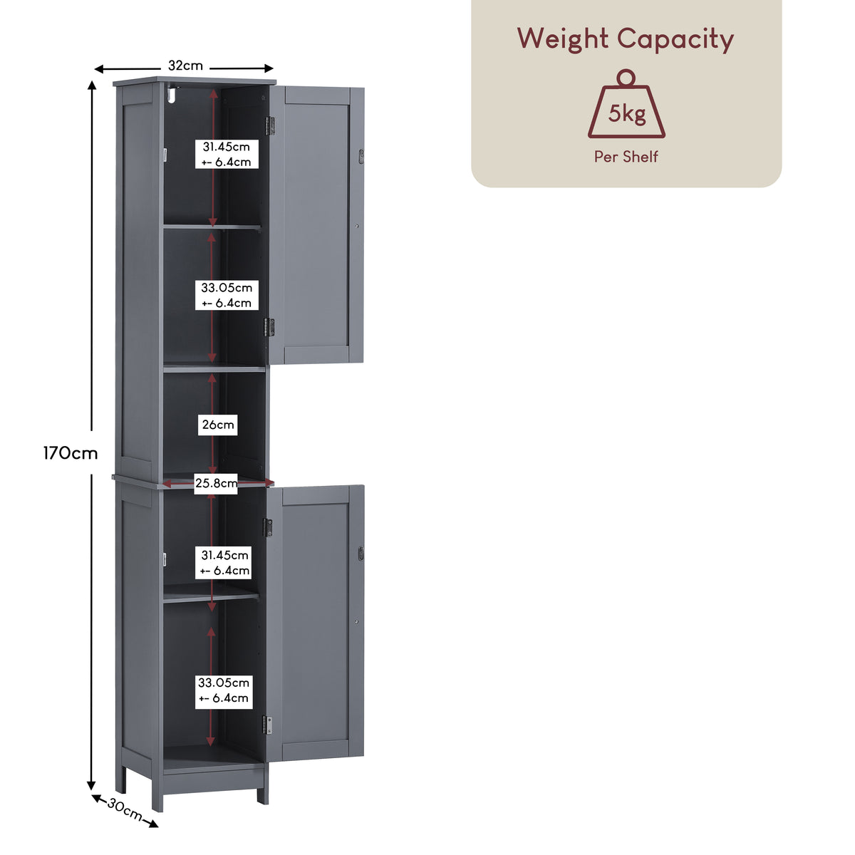 Priano 2 Door Tall Cabinet, Grey