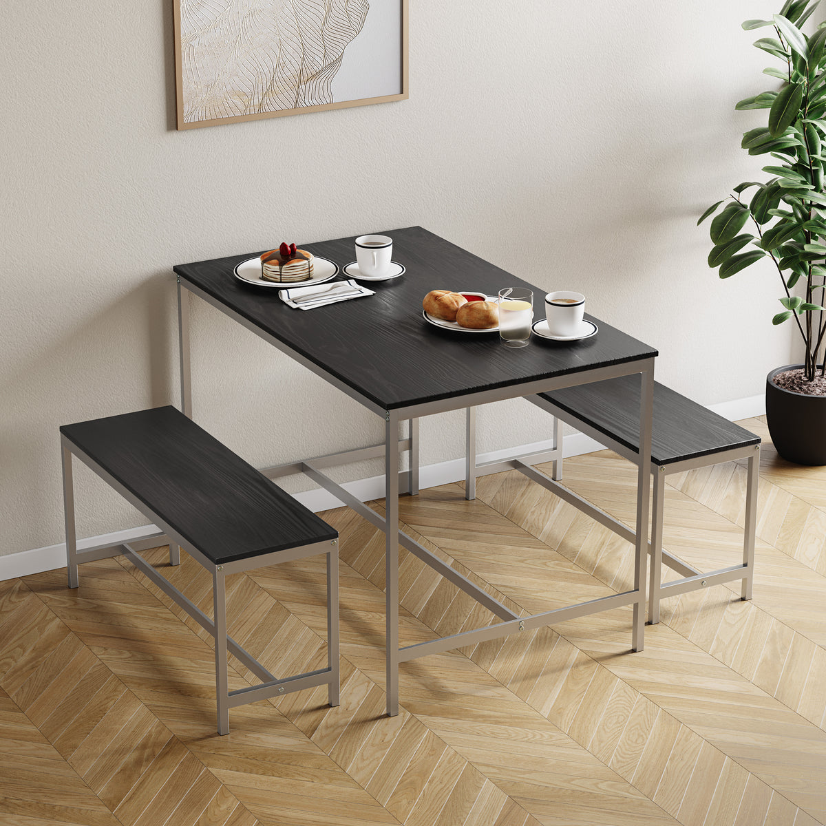 Roslyn 4 Seater Dining Table With Bench Set, Black