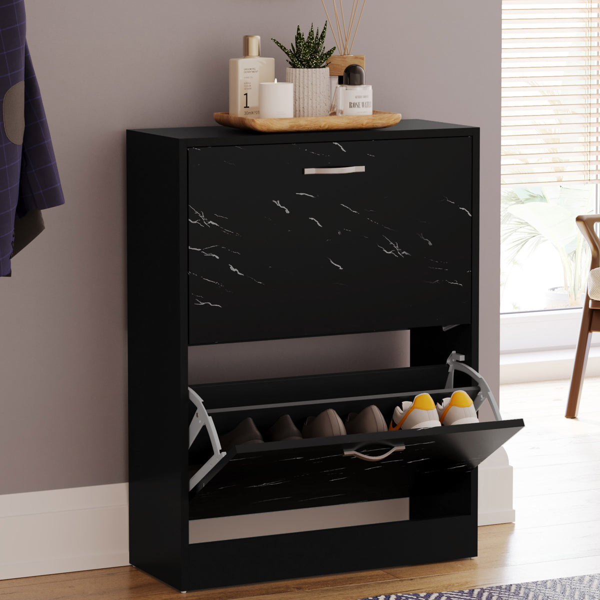 2 Drawer Shoe Cabinet, Black Marble