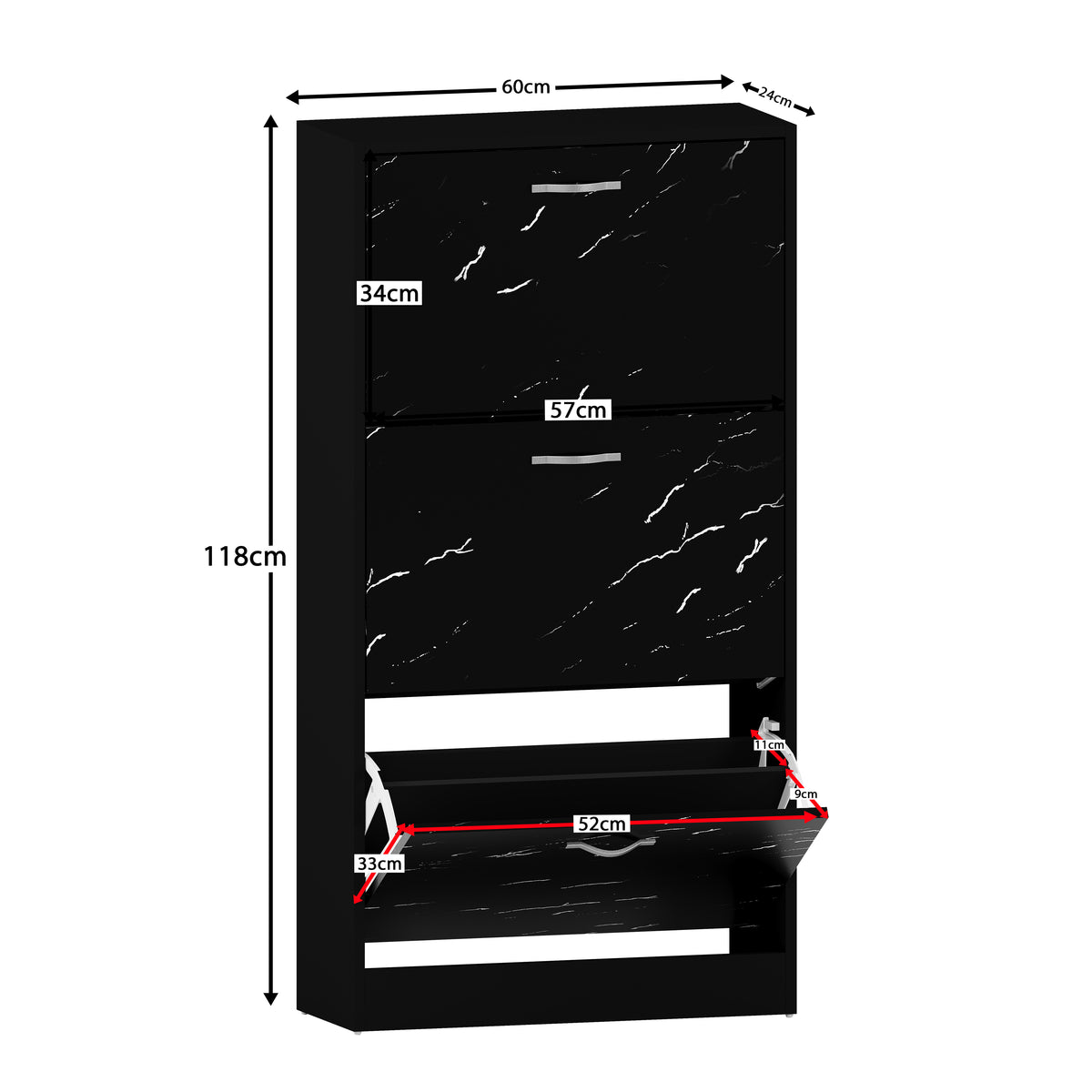 3 Drawer Shoe Cabinet, Black Marble