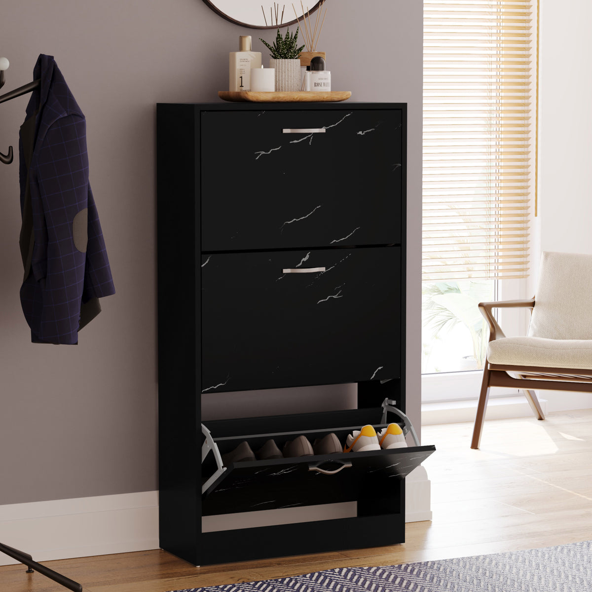 3 Drawer Shoe Cabinet, Black Marble