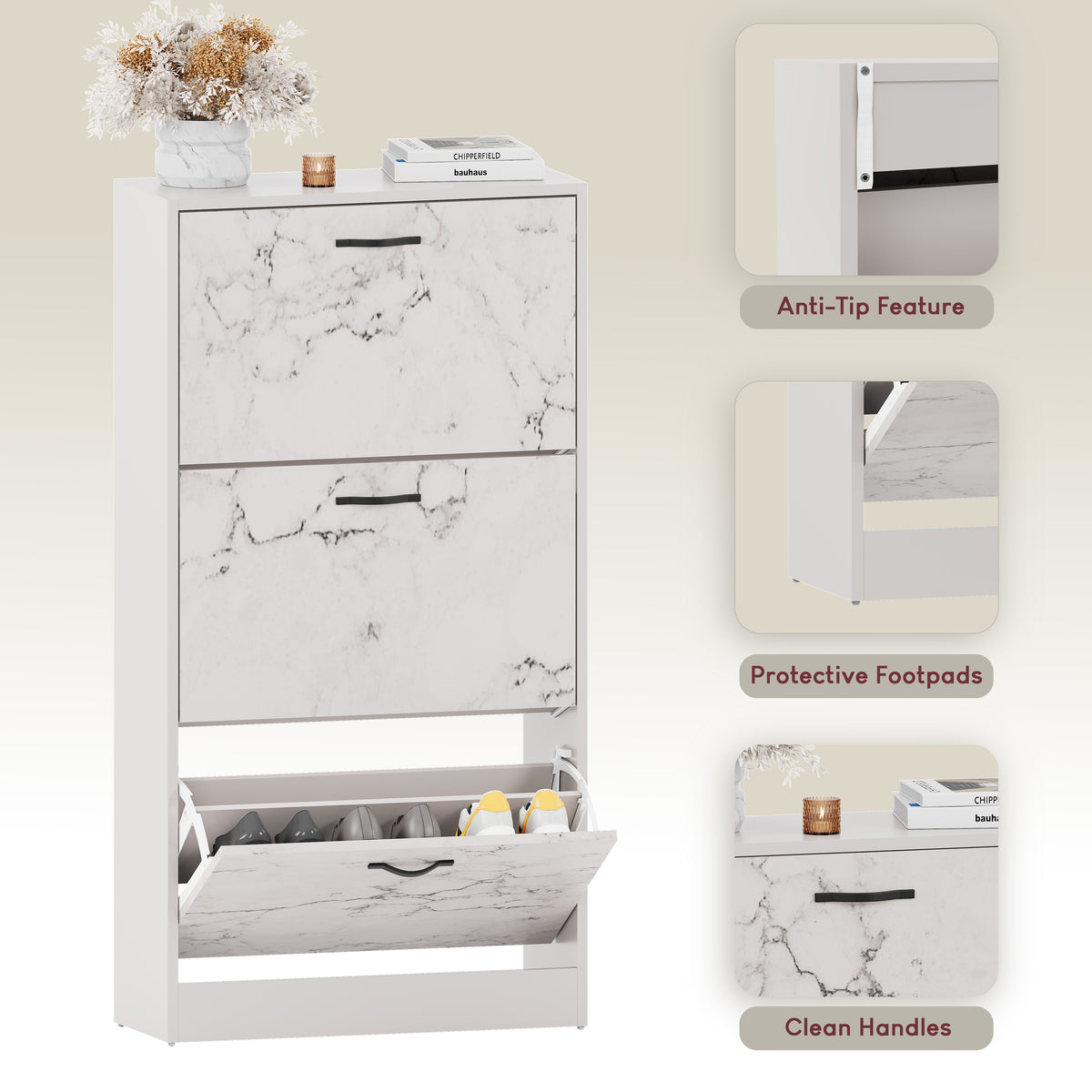 3 Drawer Shoe Cabinet, White Marble